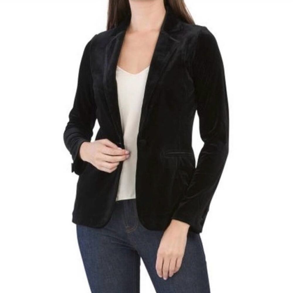 Tahari Black Velvet Stretch One Button Blazer Medium Holiday Evening Jacket - Picture 1 of 11